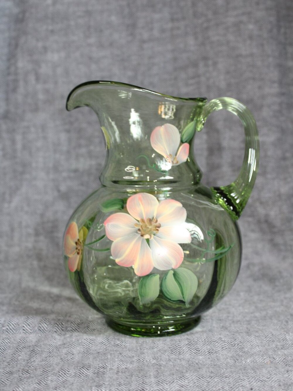 Fenton Light Green Dogwood Flowers Handpainted Pitcher, 90's/D. Robinson
